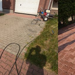 Marami Rafał Olszewski - Częściowo wyczyszczona kostka brukowa przed garażem, widoczny sprzęt do czyszczenia ciśnieniowego i cień osoby wykonującej pracę.