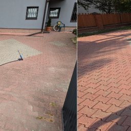 Marami Rafał Olszewski - Porównanie kostki brukowej przed i po myciu ciśnieniowym: po lewej stronie zabrudzona, po prawej czysta, widoczny wąż ciśnieniowy i cień osoby.
