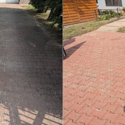 Marami Rafał Olszewski - Porównanie stanu kostki brukowej przed i po czyszczeniu: po lewej stronie zabrudzona, po prawej świeżo umyta, z widocznym cieniem osoby fotografującej.