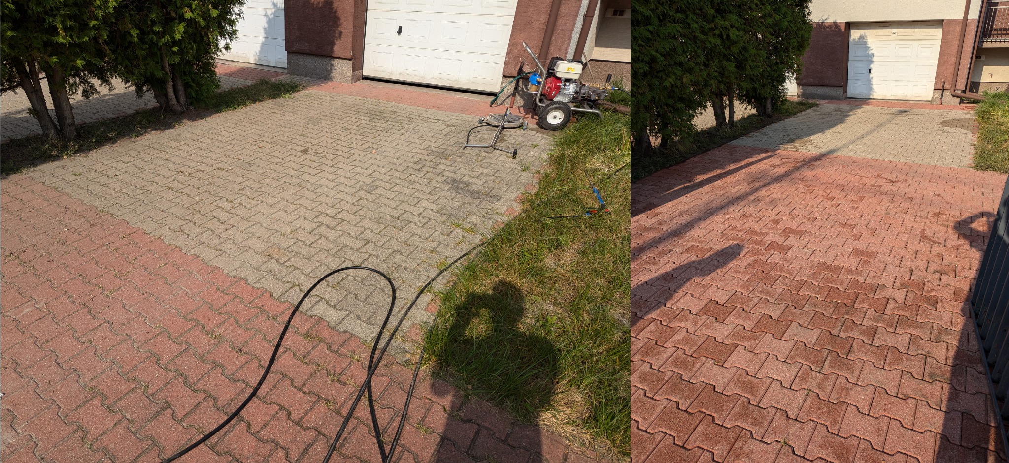 Częściowo wyczyszczona kostka brukowa przed garażem, widoczny sprzęt do czyszczenia ciśnieniowego i cień osoby wykonującej pracę.