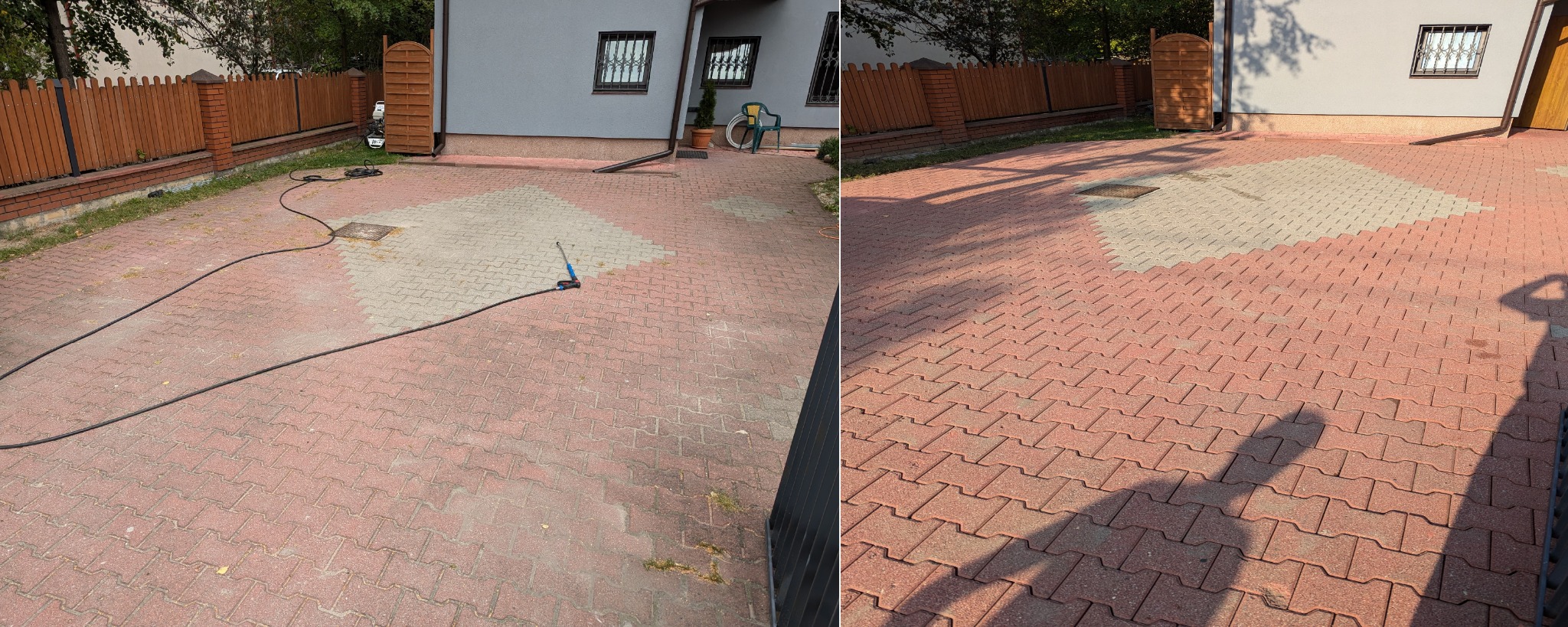 Porównanie kostki brukowej przed i po myciu ciśnieniowym: po lewej stronie zabrudzona, po prawej czysta, widoczny wąż ciśnieniowy i cień osoby.