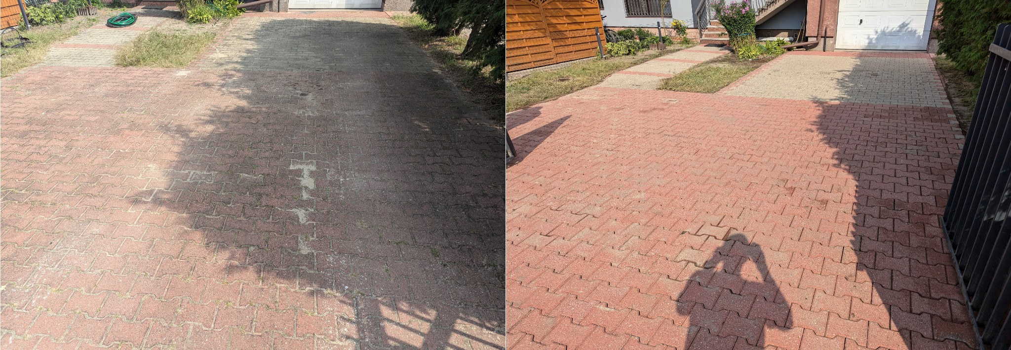 Porównanie stanu kostki brukowej przed i po czyszczeniu: po lewej stronie zabrudzona, po prawej świeżo umyta, z widocznym cieniem osoby fotografującej.