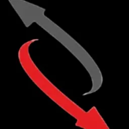 Dwie zakrzywione strzałki skierowane w przeciwnych kierunkach: szara w górę i czerwona w dół, na czarnym tle.