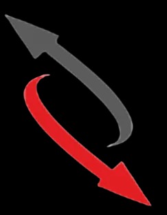 Dwie zakrzywione strzałki skierowane w przeciwnych kierunkach: szara w górę i czerwona w dół, na czarnym tle.