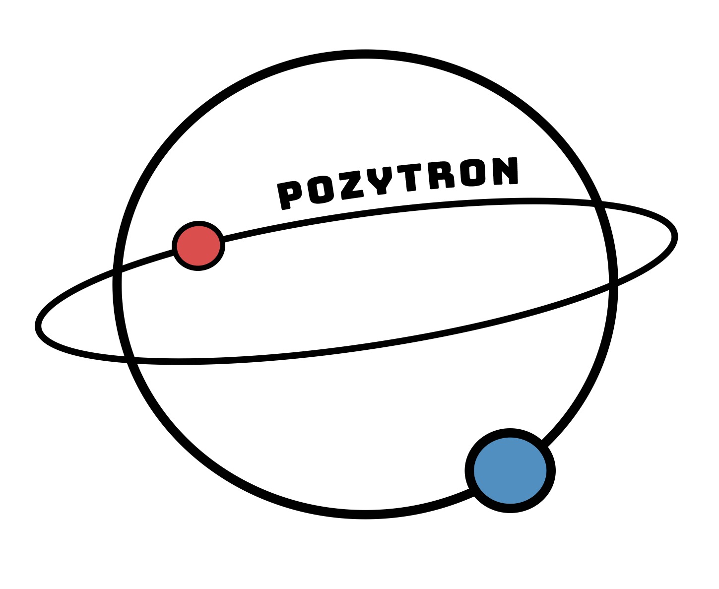 Grafika: Stylizowany atom z napisem 'POZYTRON', czerwony i niebieski elektron okrążają czarne jądro po orbitach. Prosty, nowoczesny design logo.