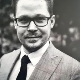 Portret biznesowy mężczyzny w okularach, w garniturze w kratę, z poszetką w kieszonce, czarno-białe zdjęcie.