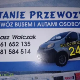 Wizytówka firmy transportowej oferującej tanie przewozy busem i autami osobowymi, z numerami telefonów i hasłem 'BUS DYSPOZYCYJNY 24h'.