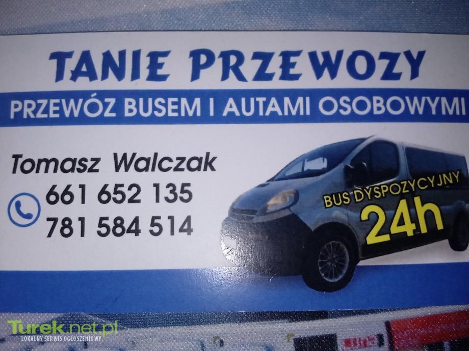 Wizytówka firmy transportowej oferującej tanie przewozy busem i autami osobowymi, z numerami telefonów i hasłem 'BUS DYSPOZYCYJNY 24h'.