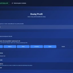 Adam Tyll - All Nominal Software Development - Interfejs programu do zarządzania dzwonkami w szkole podstawowej, widok ekranu tworzenia nowego profilu z ustawieniami dni tygodnia i domyślnego dzwonka.