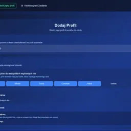 Interfejs programu do zarządzania dzwonkami w szkole podstawowej, widok ekranu tworzenia nowego profilu z ustawieniami dni tygodnia i domyślnego dzwonka.