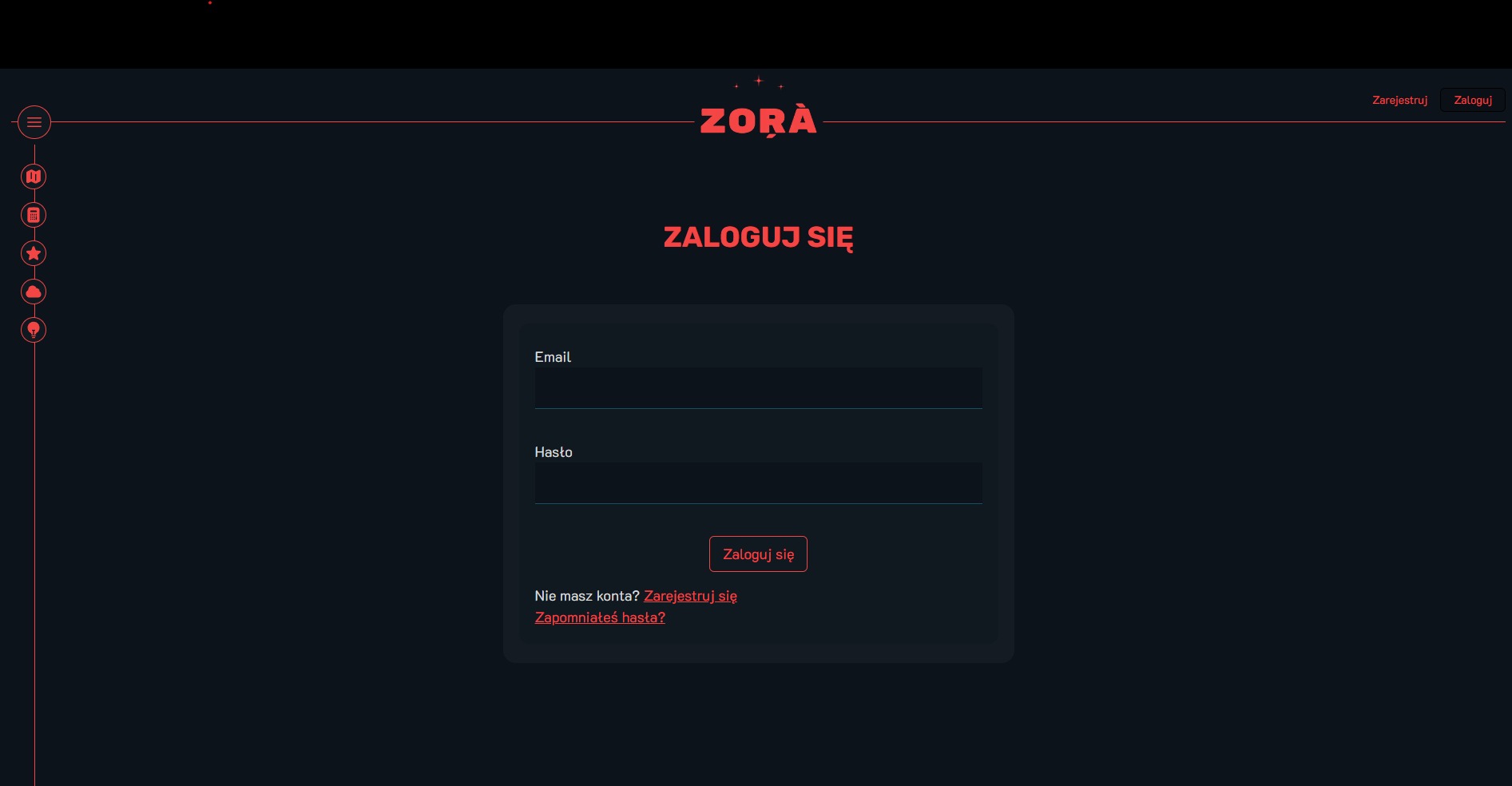 Aplikacja astronomiczna 'Zora'.
Panel logowania
NextJS, Google Cloud Platform, Typescript, Python