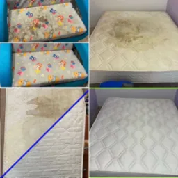 Kolaż zdjęć: krzesło z tapicerką dziecięcą przed i po czyszczeniu, materac z widocznymi plamami przed i po czyszczeniu, oraz materac podzielony na część czystą i zabrudzoną.