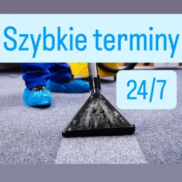 Czyszczenie dywanu za pomocą ekstraktora, widoczny efekt różnicy przed i po, pracownik w niebieskich ochraniaczach na obuwiu, napis 'Szybkie terminy 24/7' na górze