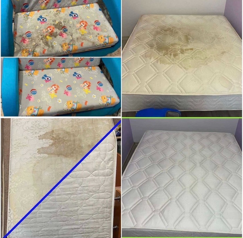 Kolaż zdjęć: krzesło z tapicerką dziecięcą przed i po czyszczeniu, materac z widocznymi plamami przed i po czyszczeniu, oraz materac podzielony na część czystą i zabrudzoną.