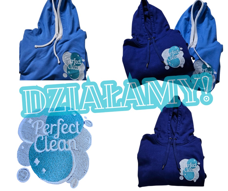 Ułożone bluzy z kapturem w odcieniach niebieskiego, z wyhaftowanym logo 'Perfect Clean' w kształcie bąbelków, na białym tle.