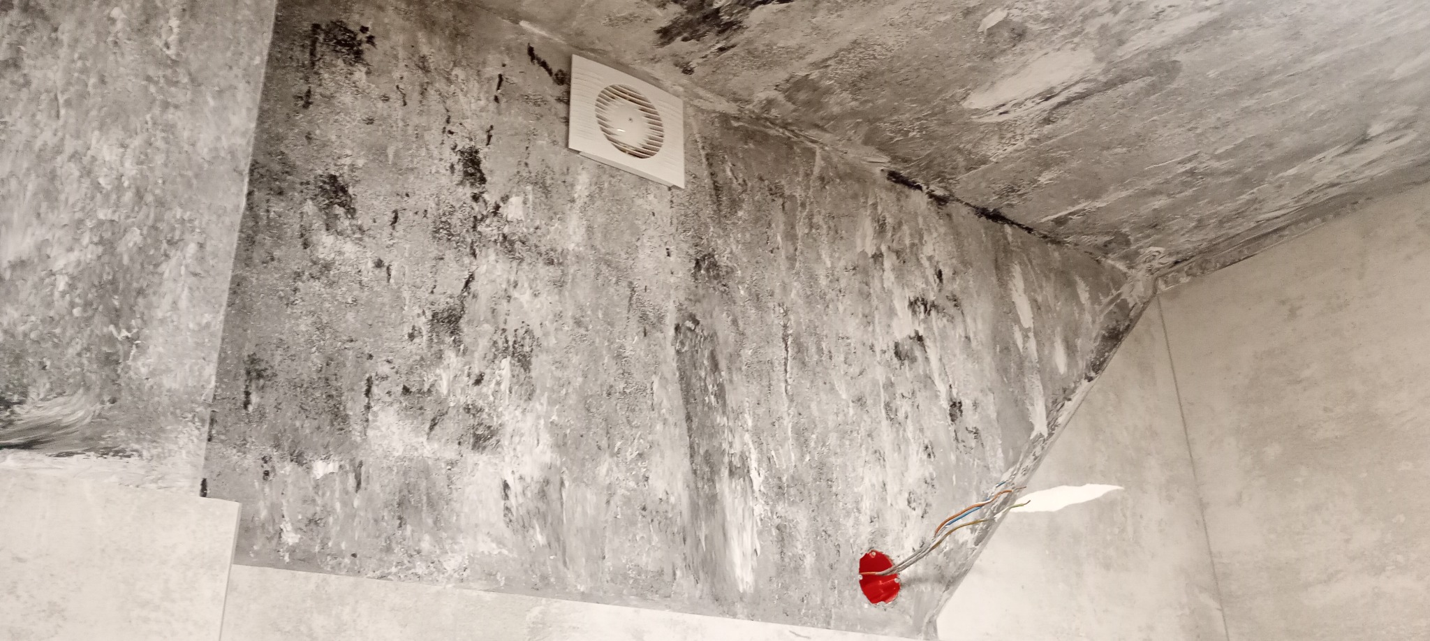 Surowe, szare ściany z efektem betonu, widoczna instalacja elektryczna z czerwonym gniazdkiem, wentylator sufitowy w narożniku pomieszczenia w trakcie wykańczania.