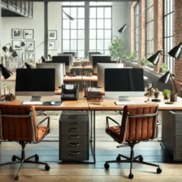 Przestronne biuro z długim drewnianym biurkiem, ergonomicznymi krzesłami obrotowymi, komputerami iMac, lampkami biurkowymi i metalowymi szafkami na dokumenty, w tle ceglana ściana i duże okna.