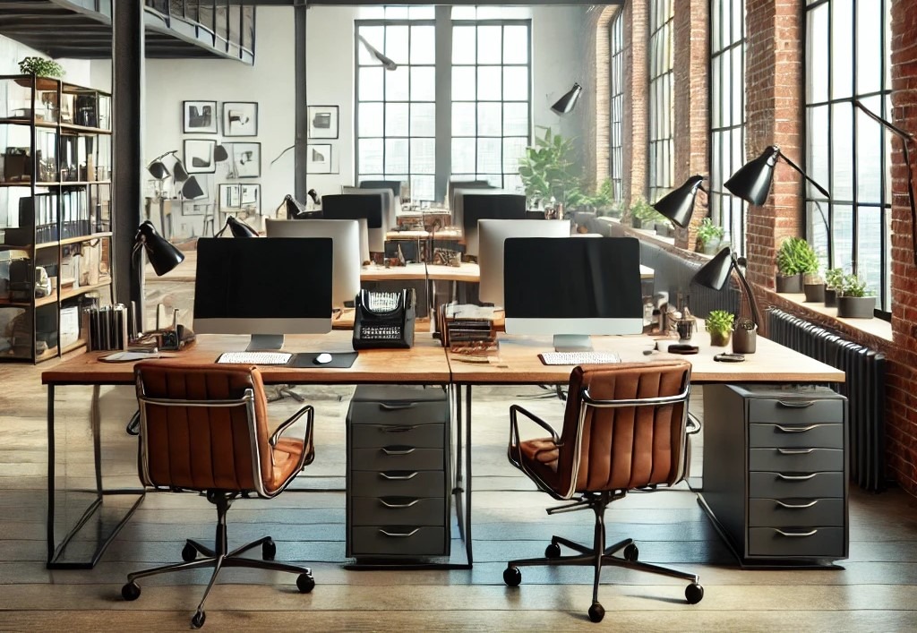 Przestronne biuro z długim drewnianym biurkiem, ergonomicznymi krzesłami obrotowymi, komputerami iMac, lampkami biurkowymi i metalowymi szafkami na dokumenty, w tle ceglana ściana i duże okna.