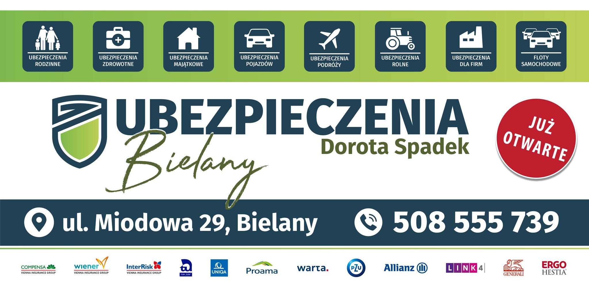 Grafika reklamowa biura ubezpieczeniowego w Bielanach, z ikonami różnych rodzajów ubezpieczeń, adresem ul. Miodowa 29 i numerem telefonu 508 555 739, oraz logotypami różnych towarzystw...