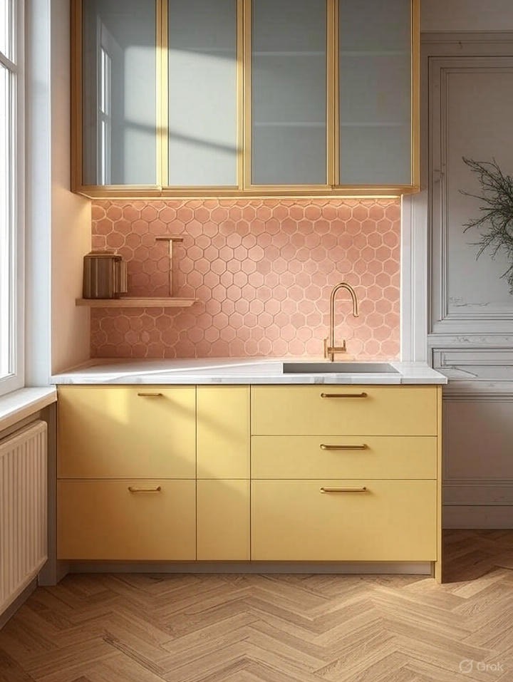 Mikrokuchnia w apartamencie w kamienicy. Użyto jednego z najmodniejszych obecnie kolorów szafek - Butter Yellow