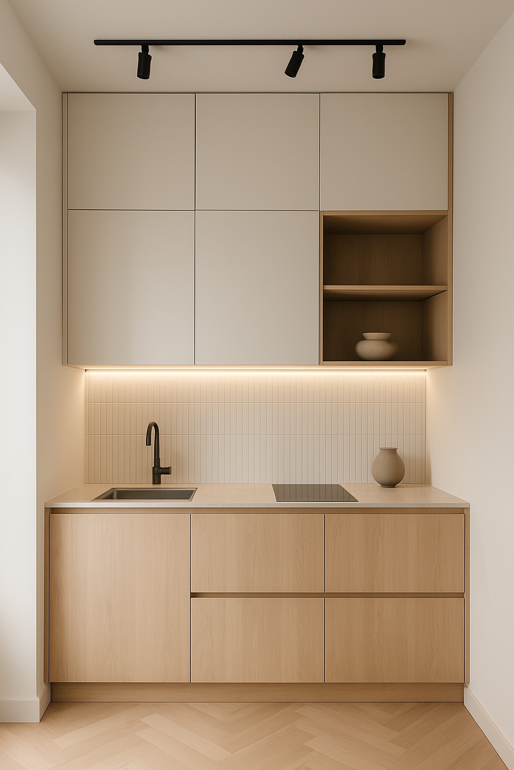 Mikrokuchnia w apartamencie kawalera. Styl Japandi