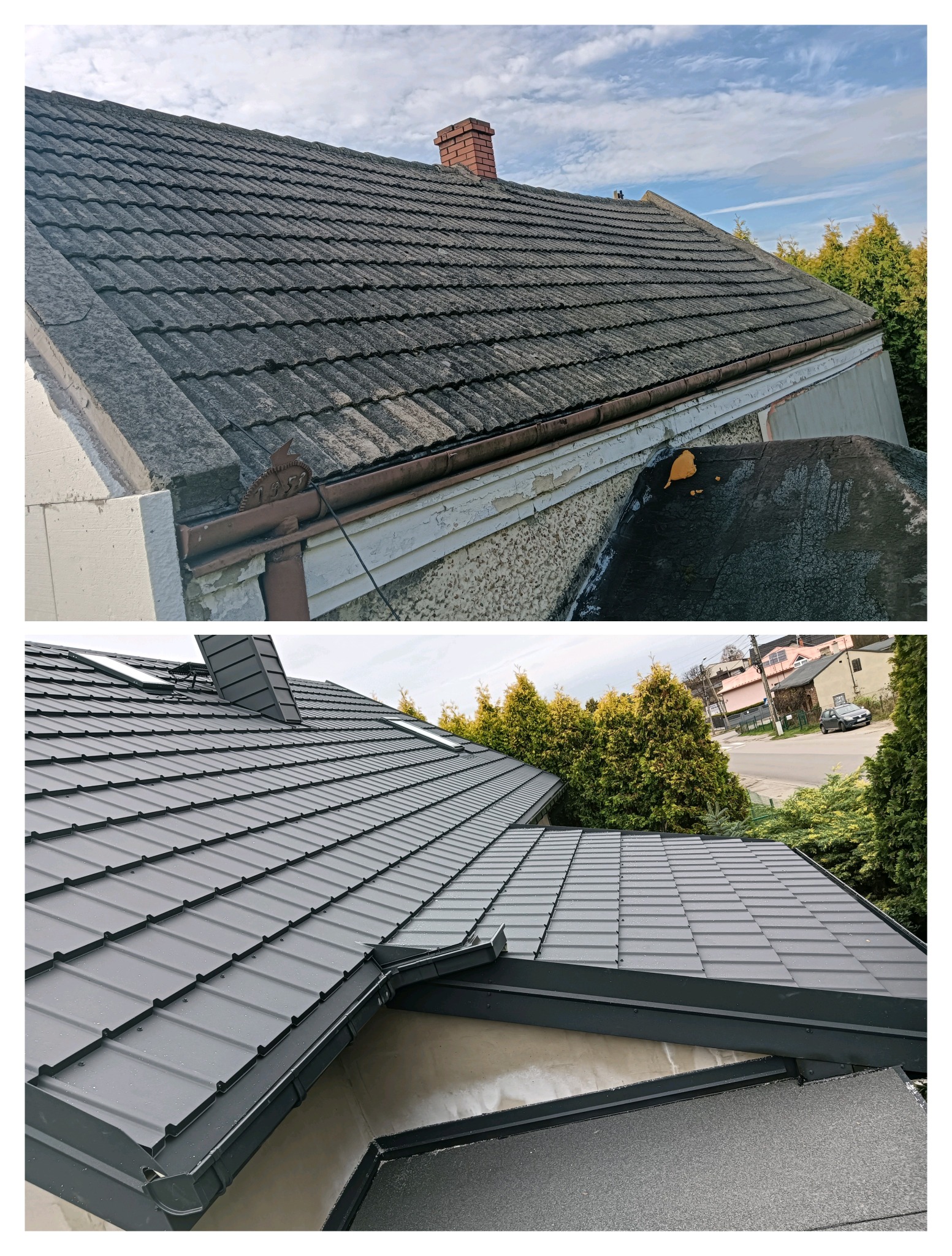 Porównanie dachu przed i po renowacji: stara, szara dachówka kontra nowy, grafitowy dach z blachy. Widoczne rynny i komin w tle.