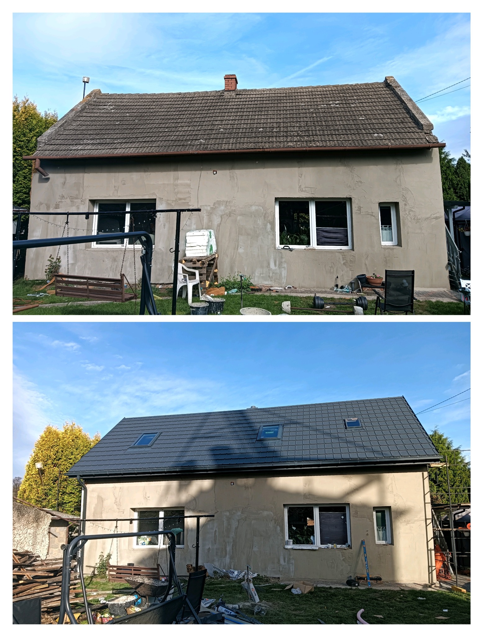 Dom przed i po wymianie dachu: stara, brązowa dachówka kontra nowa, grafitowa z oknami dachowymi. Widoczne zmiany w wyglądzie budynku.