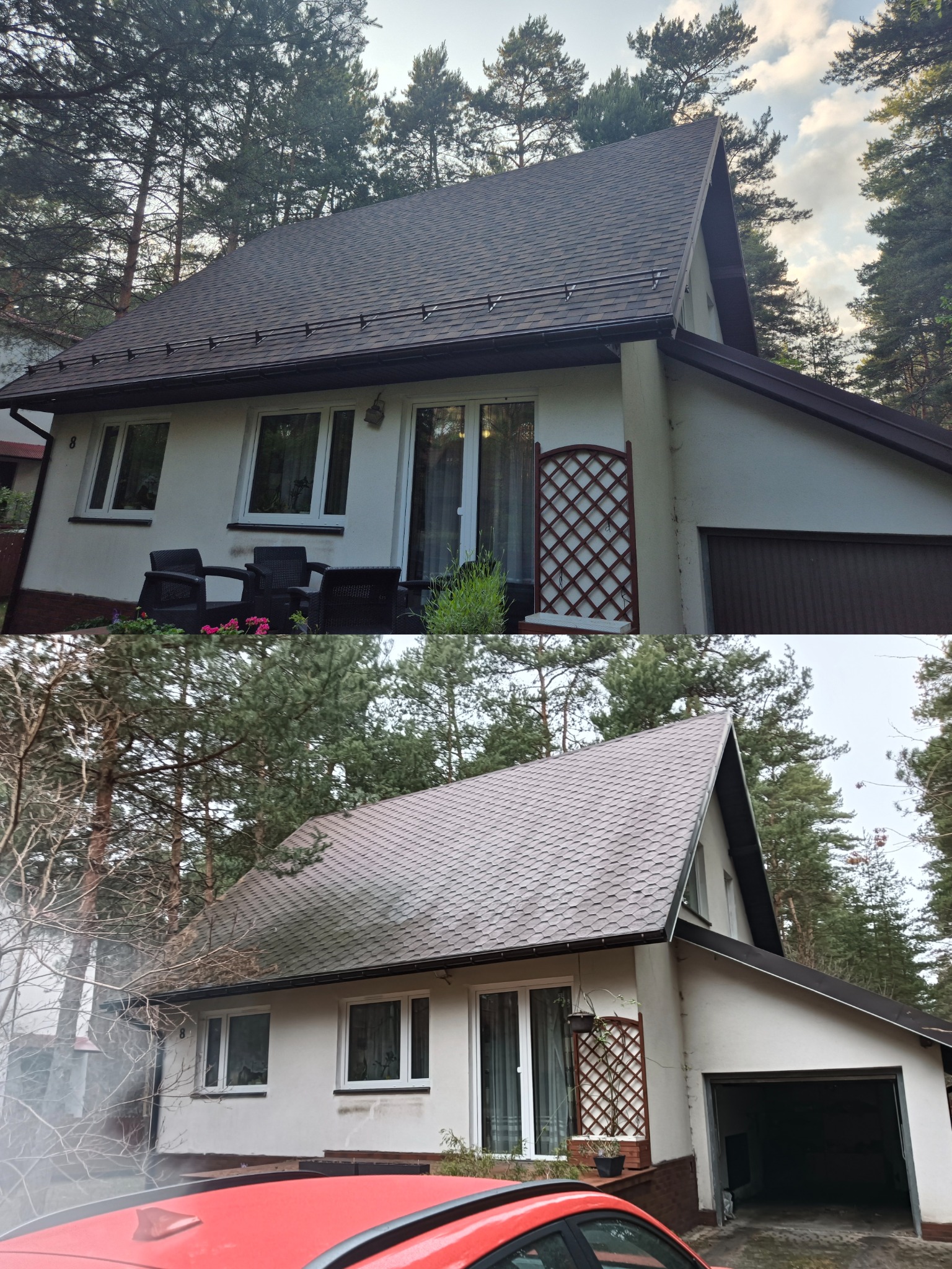 Dom z nowym, brązowym dachem bitumicznym na tle lasu. Widoczne rynny w kolorze dachu i elementy wykończenia. Ujęcie z dołu, podkreślające geometrię dachu.