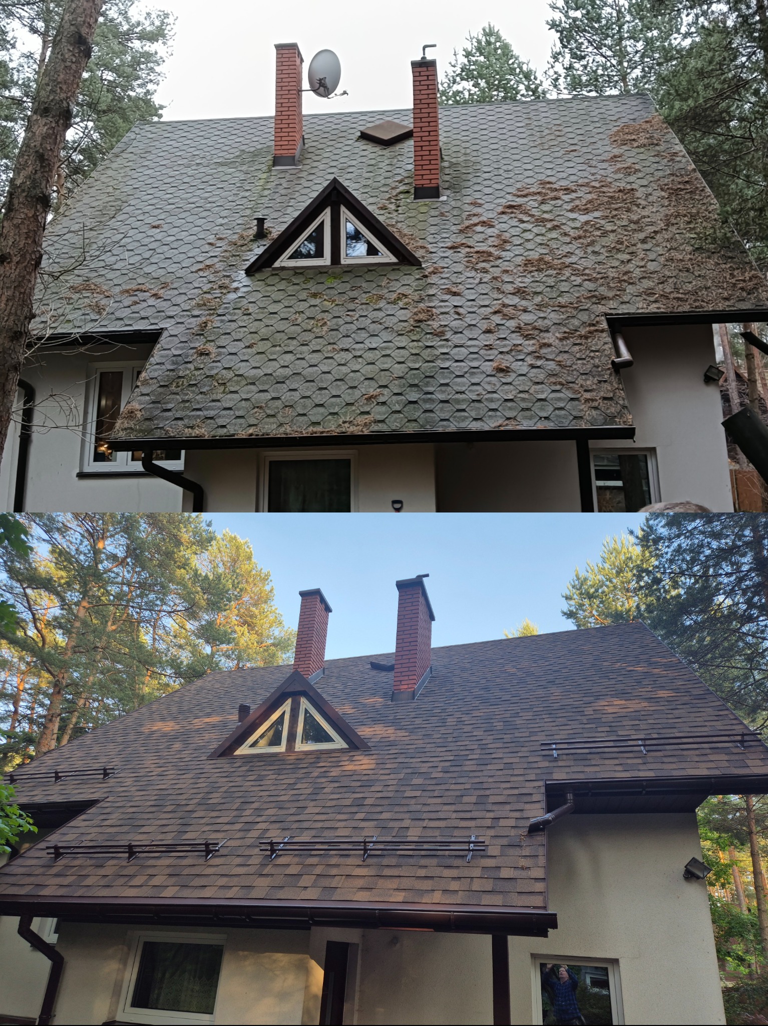 Dom z dachem bitumicznym przed i po renowacji. Górna część zdjęcia pokazuje stary, zabrudzony dach, a dolna - nowy, brązowy dach po wymianie.