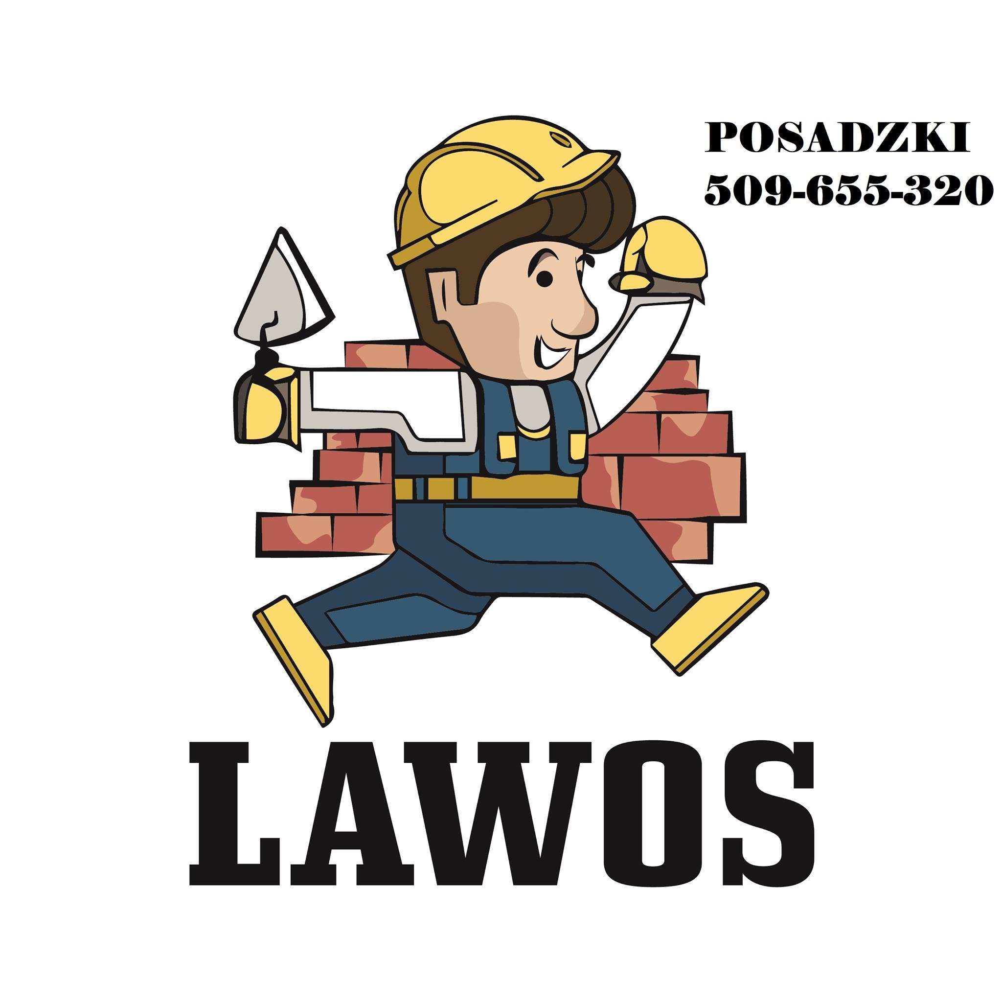 Karykatura murarza w kasku, niosącego kielnię z zaprawą, z numerem telefonu i nazwą firmy LAWOS.