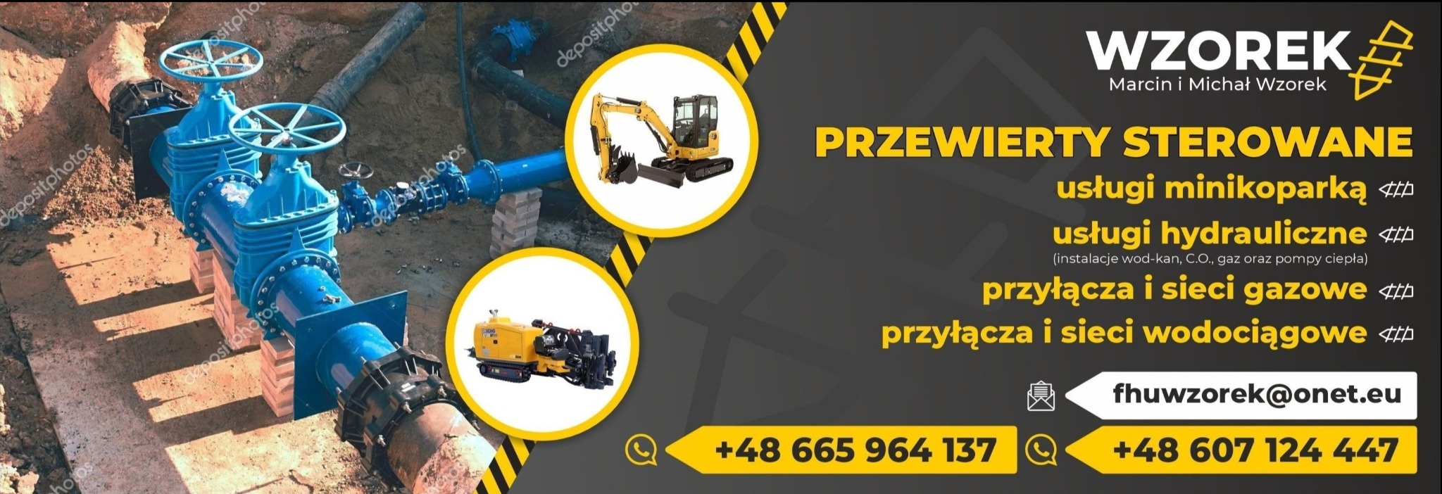 Reklama firmy Wzorek oferującej przewierty sterowane, usługi minikoparką, hydrauliczne (wod-kan, C.O., gaz, pompy ciepła), przyłącza gazowe i wodociągowe; widoczne niebieskie rury z zaworami...
