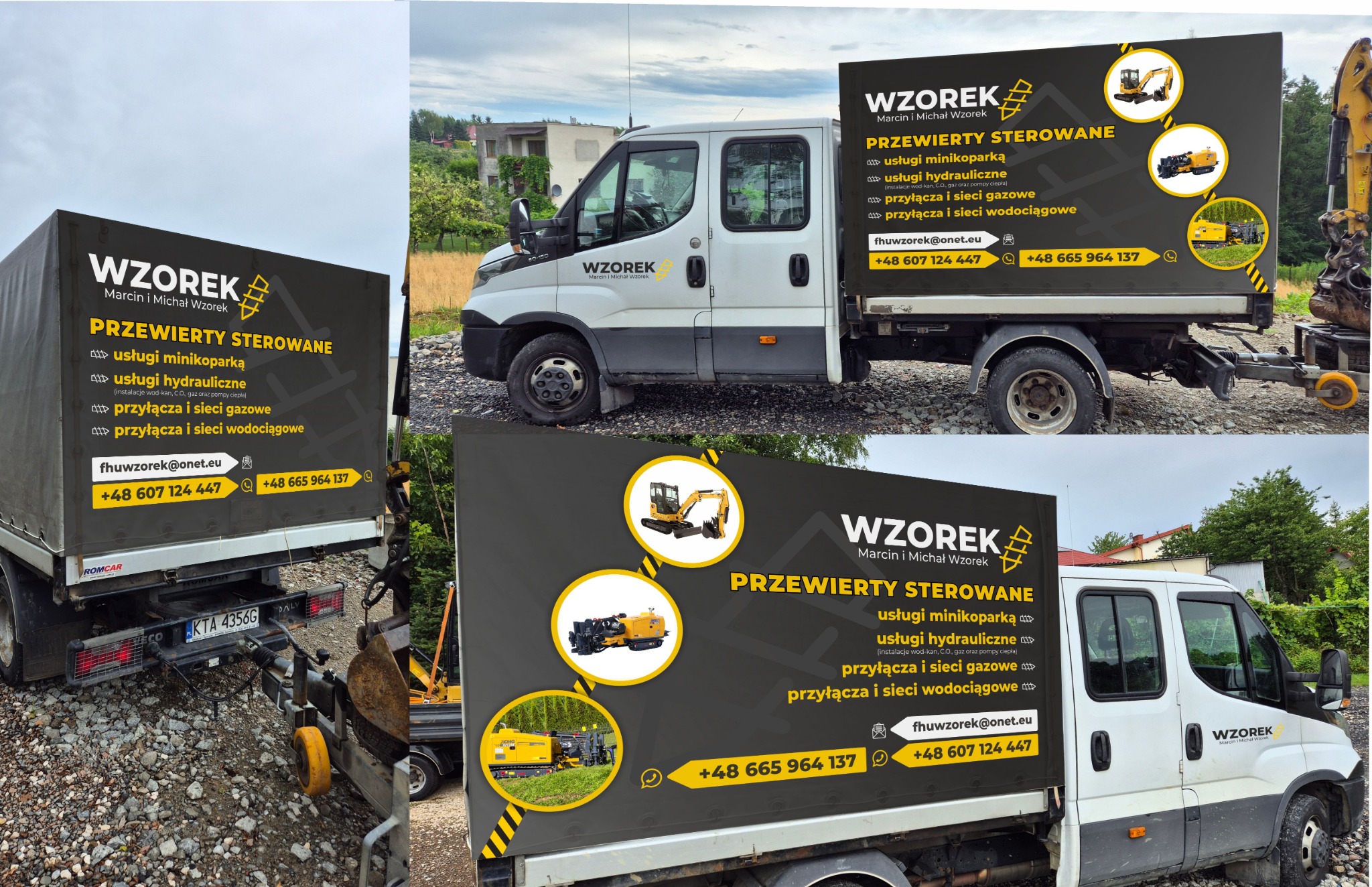 Samochód dostawczy z reklamą firmy oferującej usługi minikoparką, usługi hydrauliczne, przyłącza gazowe i wodociągowe. Na reklamie widoczne zdjęcia maszyn budowlanych.