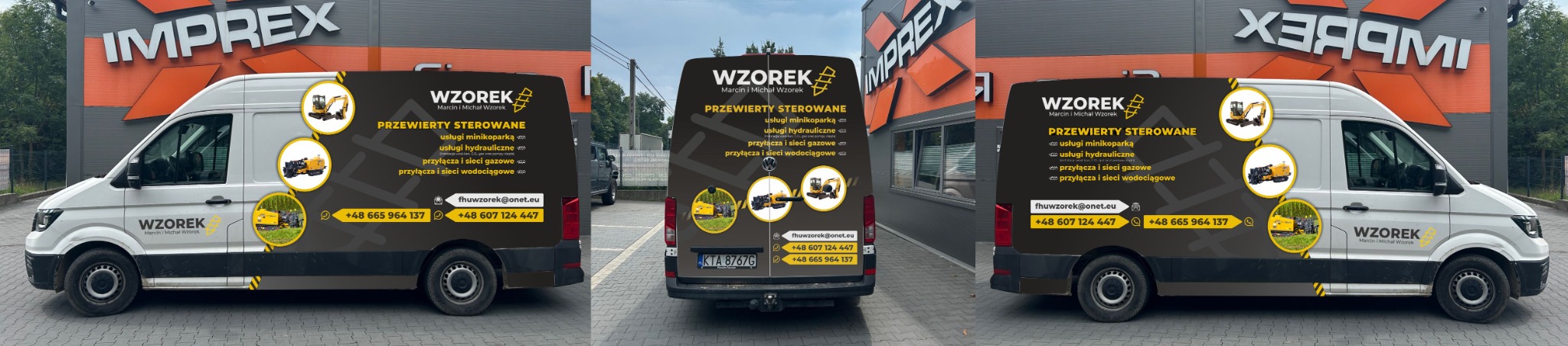Reklamowy oklejony bus firmy Wzorek z Tarnowa, specjalizującej się w przewiertach sterowanych, usługach minikoparką, hydraulicznych oraz przyłączach gazowych i wodociągowych, zaparkowany przed...