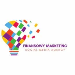 Kolorowa żarówka z pikseli, logo firmy 'Finansowy Marketing Social Media Agency' na białym tle.