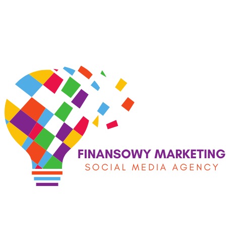 Kolorowa żarówka z pikseli, logo firmy 'Finansowy Marketing Social Media Agency' na białym tle.