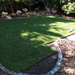 1000 i jeden ogrodów - Świeżo ułożona trawa z rolki w ogrodzie, obrzeża z kamienia, widoczny zwój węża ogrodowego, częściowo zacieniony trawnik.