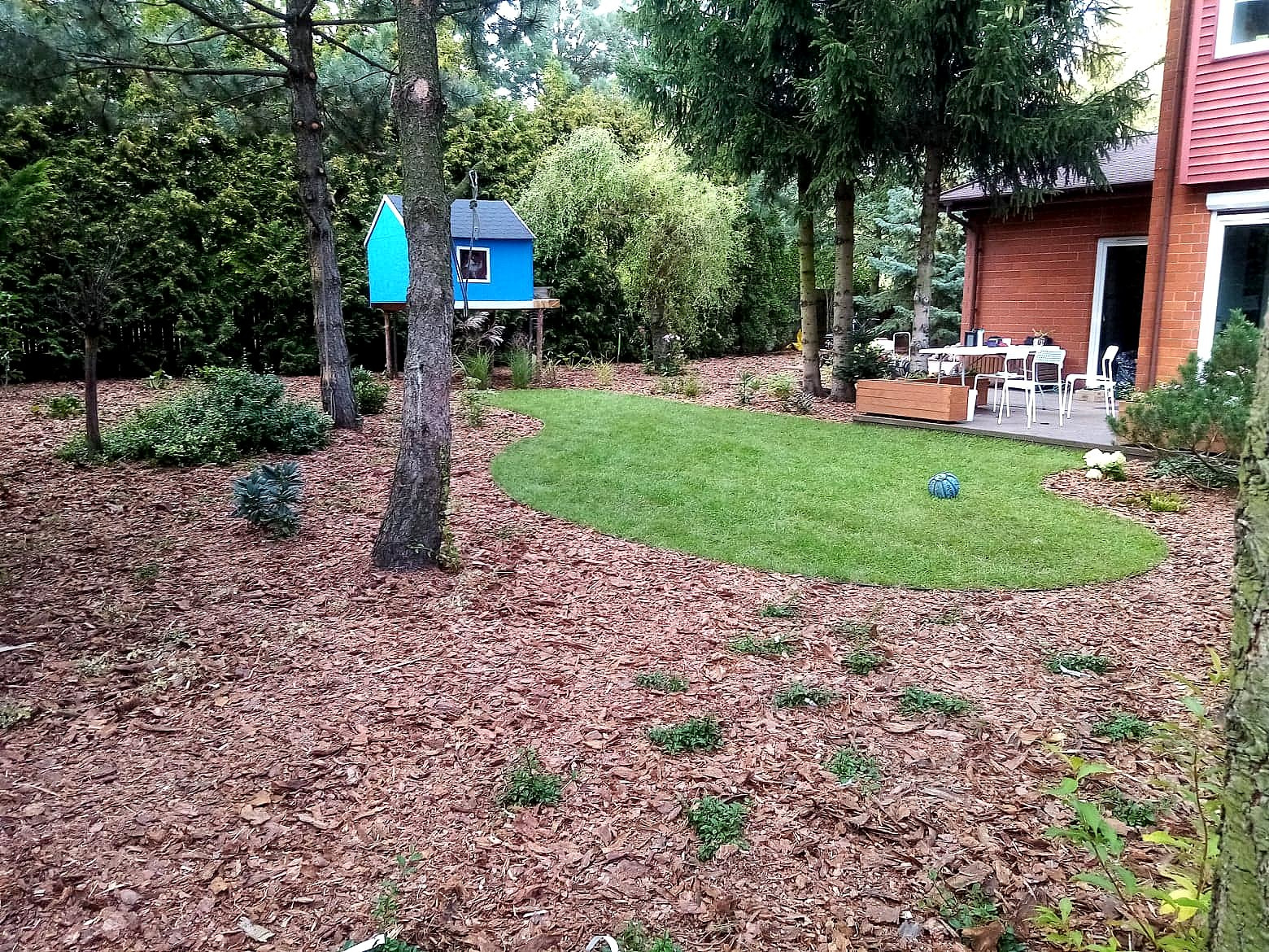 Starannie utrzymany trawnik w Łodzi z wyraźnie oddzieloną korą rabatą, w tle domek na drzewie i taras z meblami ogrodowymi.