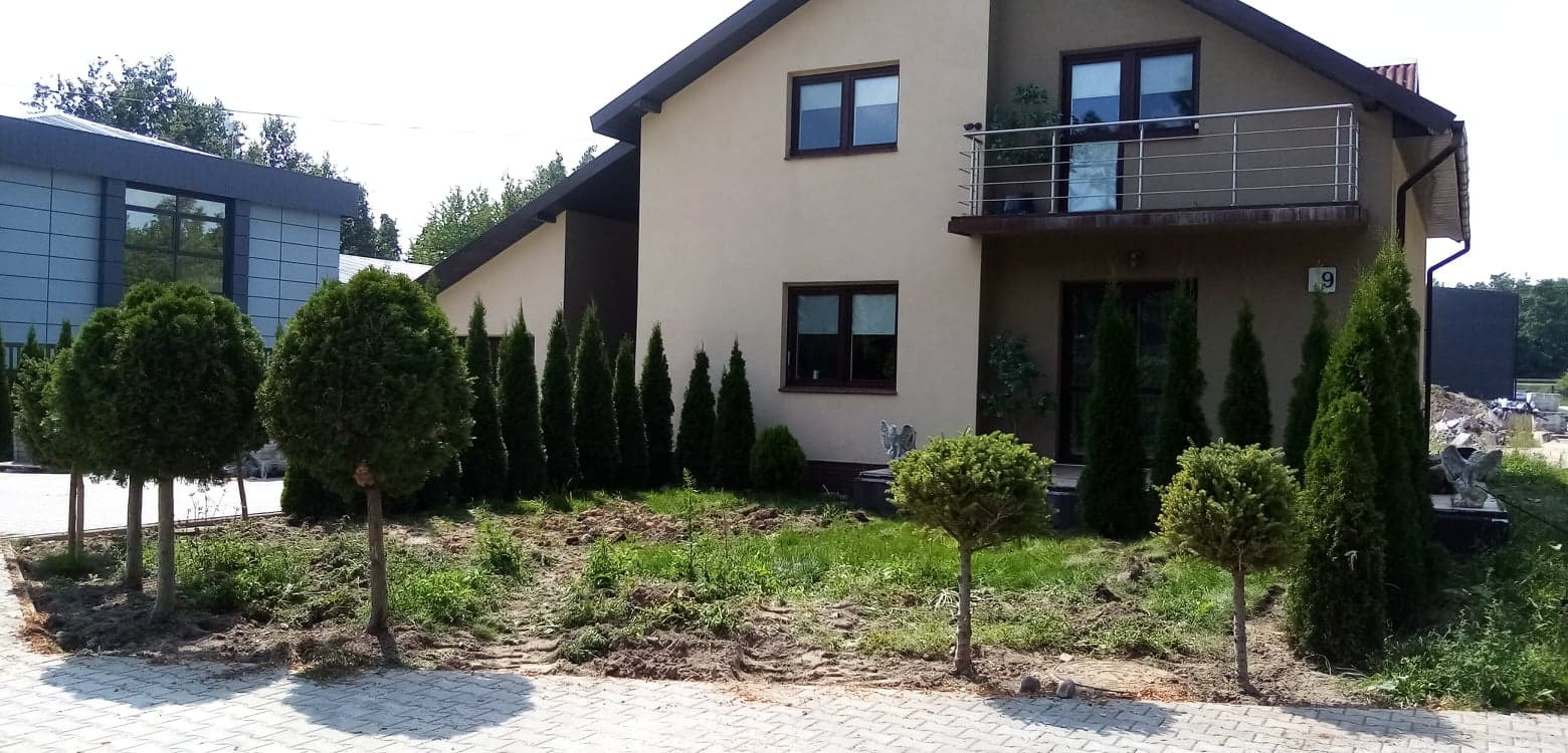 Nowo założony ogród przydomowy z nasadzeniami kulistych i strzelistych iglaków, widoczne ślady po pracach ziemnych na tle dwukondygnacyjnego domu z balkonem.
