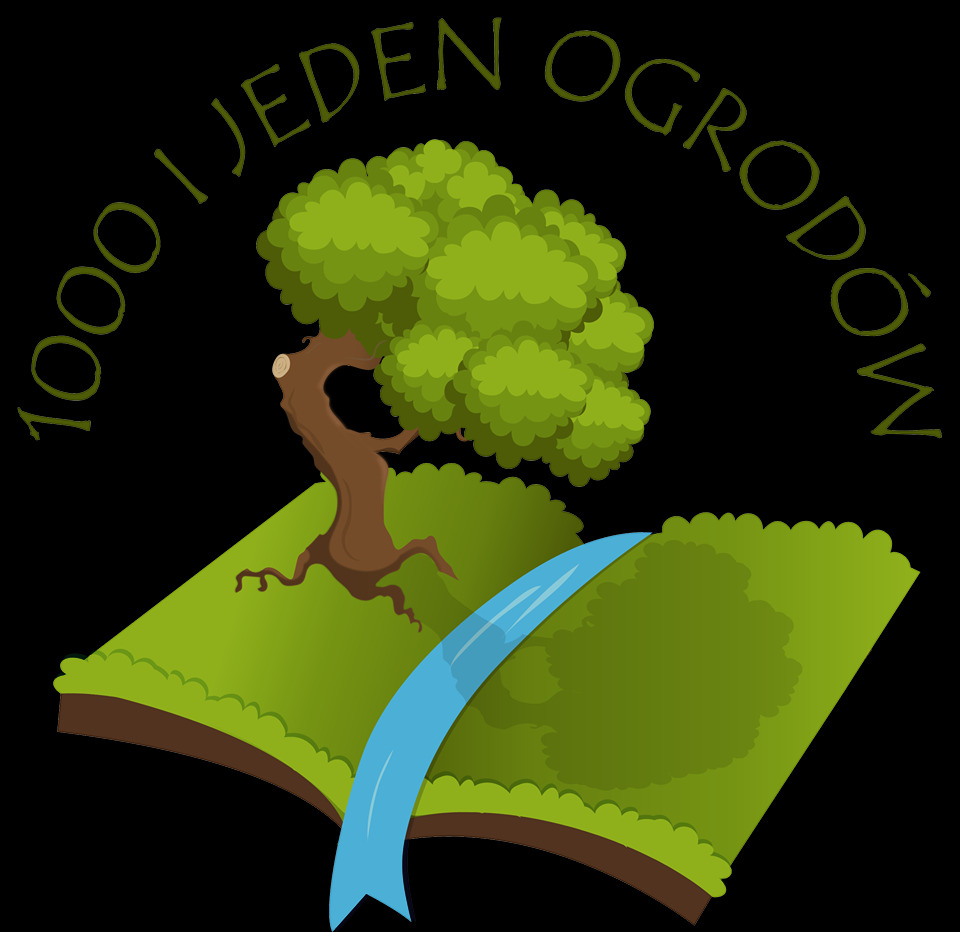 Grafika przedstawiająca otwartą książkę z ilustracją ogrodu: drzewo, trawa i strumień wody, otoczona napisem '1000 i JEDEN OGRODÓW'.