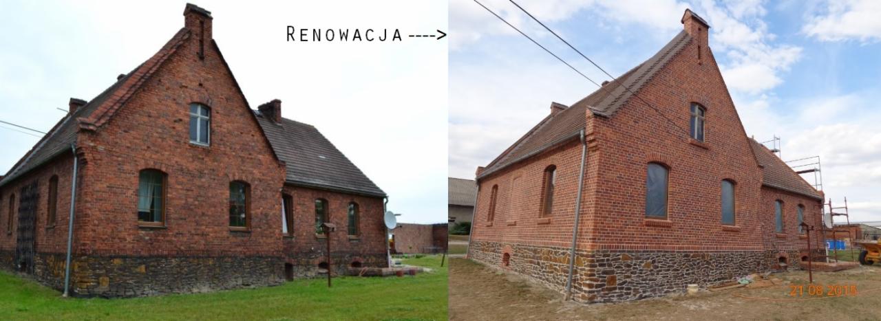 Porównanie stanu budynku z czerwonej cegły przed i po renowacji: po lewej stronie widoczna brudna elewacja i zarośnięty teren, po prawej odnowiona fasada, czysta cegła i uporządkowane otoczenie...