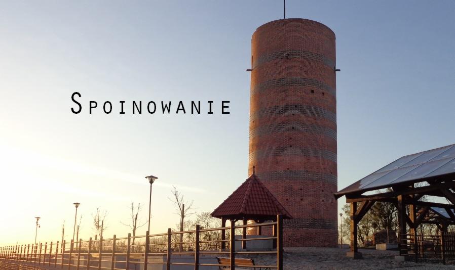 Ceglana wieża z widocznym spoinowaniem, w tle oświetlona słońcem. Obok drewniana altana i elementy małej architektury parkowej.