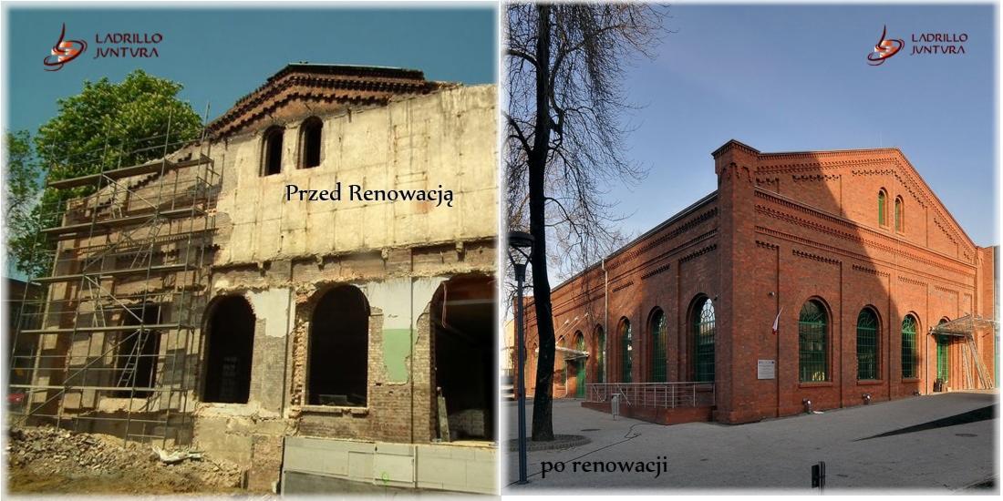 Porównanie budynku przed i po renowacji: po lewej stronie stara, otynkowana konstrukcja ze śladami uszkodzeń i rusztowaniami, po prawej odnowiona, ceglana fasada z nowymi oknami i chodnikiem.