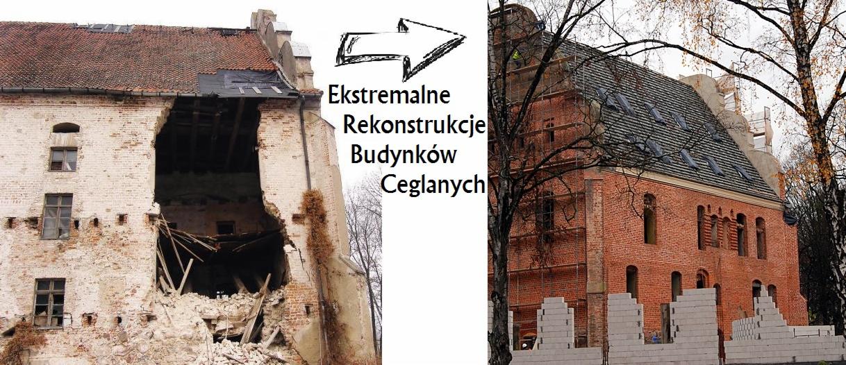 Porównanie stanu budynku z cegły przed i po renowacji: po lewej zrujnowana część, po prawej odnowiona z rusztowaniem i nowym dachem.