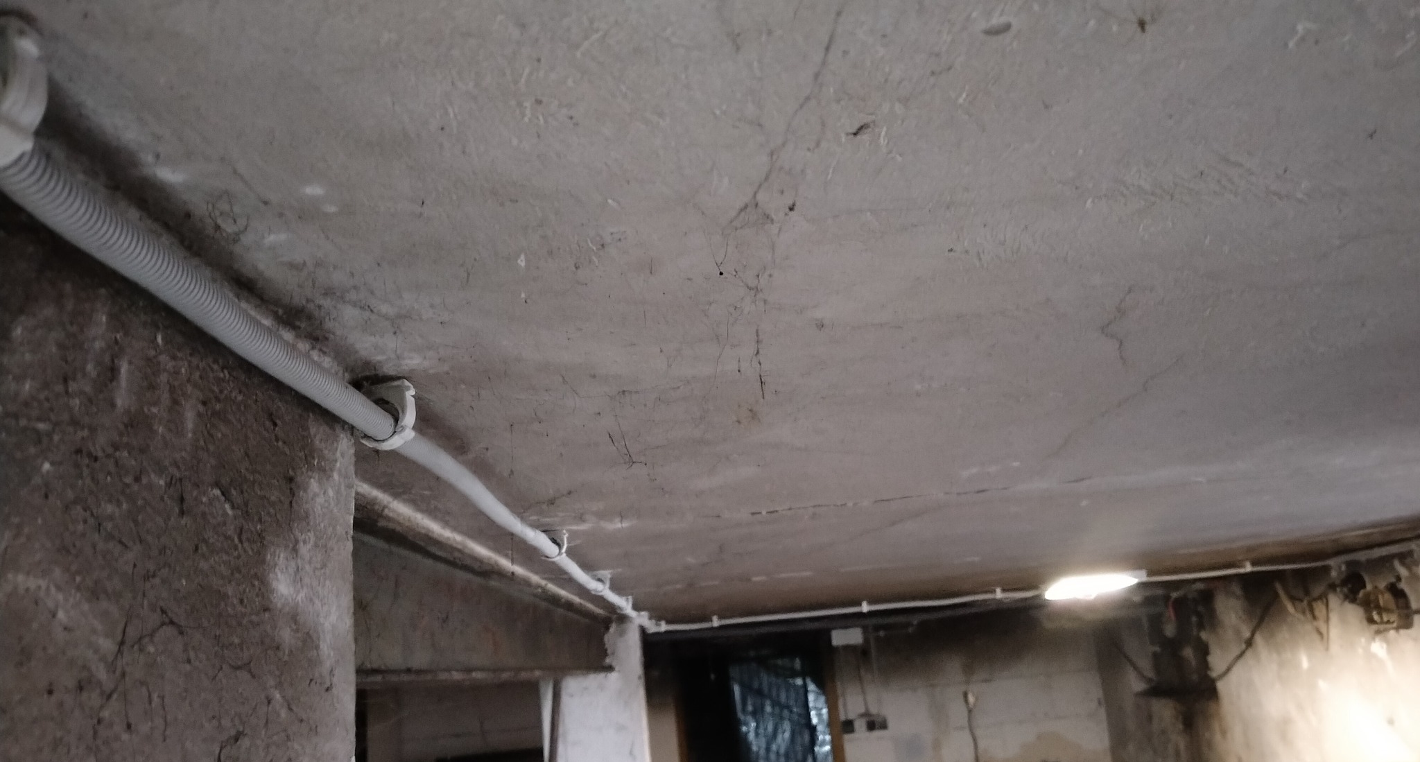 Szara, karbowana rura instalacyjna przymocowana do sufitu klamrami. Widoczne pęknięcia na suficie i ściany w surowym stanie. Instalacja elektryczna w piwnicy.
