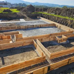 Przygotowanie fundamentów pod budynek: drewniane szalunki zbrojone stalą, częściowo zalane betonem, widoczne usypiska ziemi i krajobraz górski w tle.
