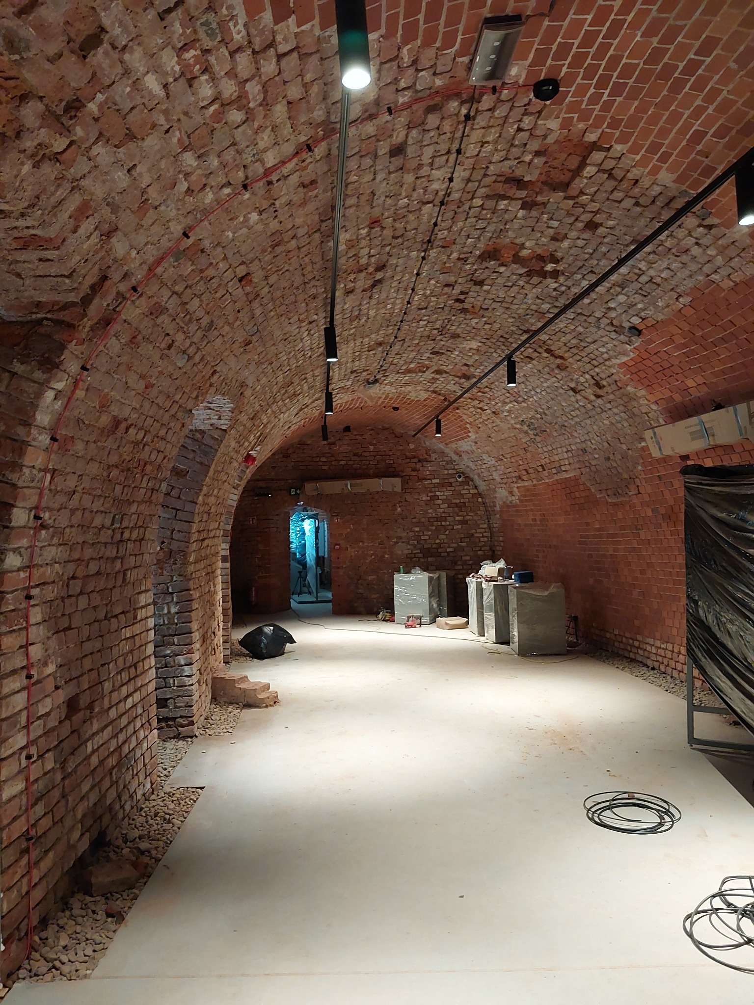 Wnętrze piwnicy z ceglanym sklepieniem łukowym, oświetlone czarnymi reflektorami szynowymi, widoczne przewody elektryczne na ścianie, podłoga betonowa, w tle otwarte drzwi.