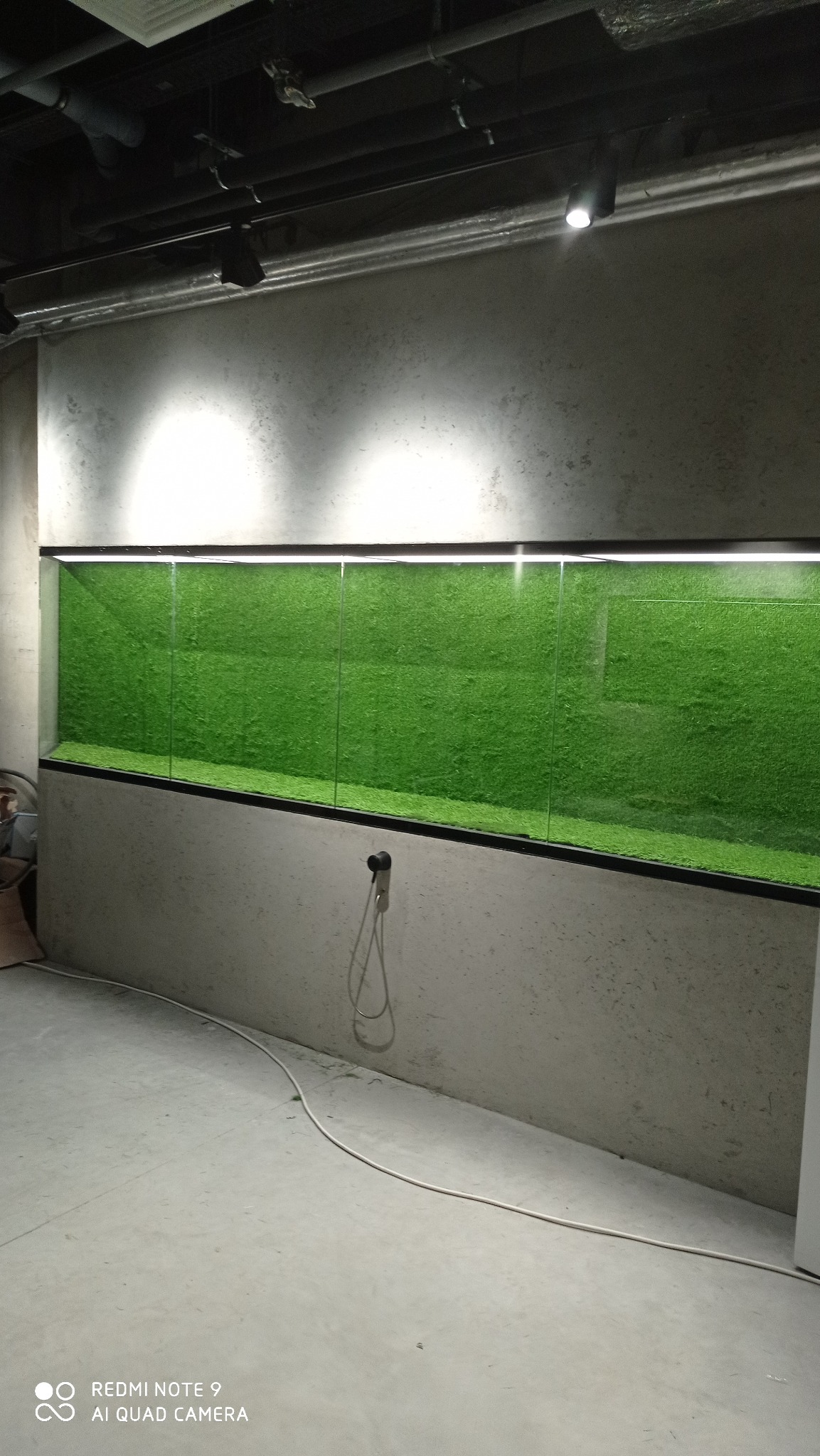 Podświetlona ściana z panelami imitującymi zielony mech w nowoczesnym wnętrzu z surowego betonu, widoczne kable i oświetlenie punktowe.