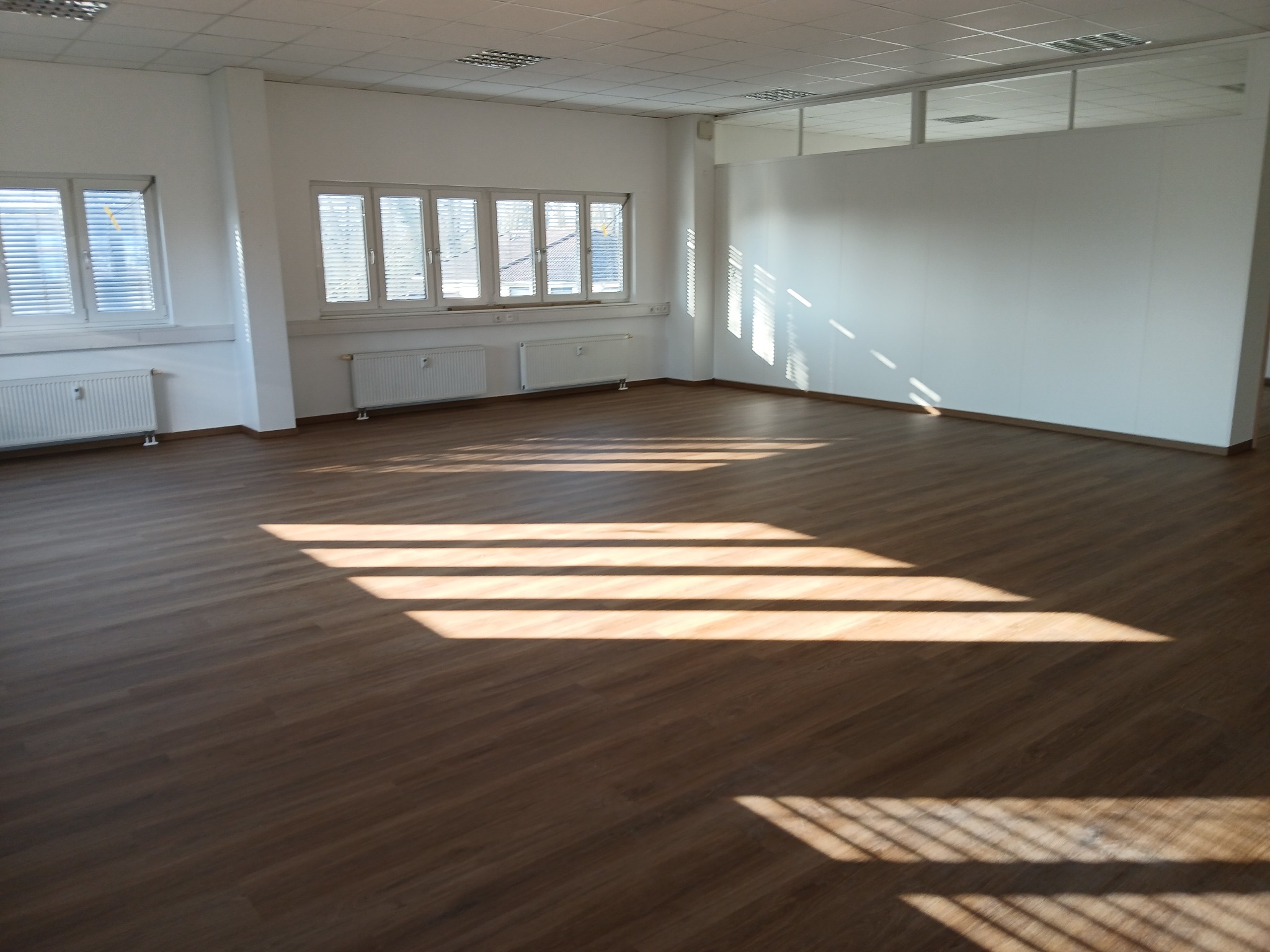 Wnętrze biurowe z panelami podłogowymi w odcieniach brązu, oświetlone promieniami słonecznymi wpadającymi przez okno z żaluzjami, tworzącymi geometryczne wzory na podłodze.