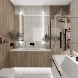 Nowoczesna łazienka z drewnianymi akcentami, marmurowymi płytkami, minimalistyczną umywalką i czarną armaturą.