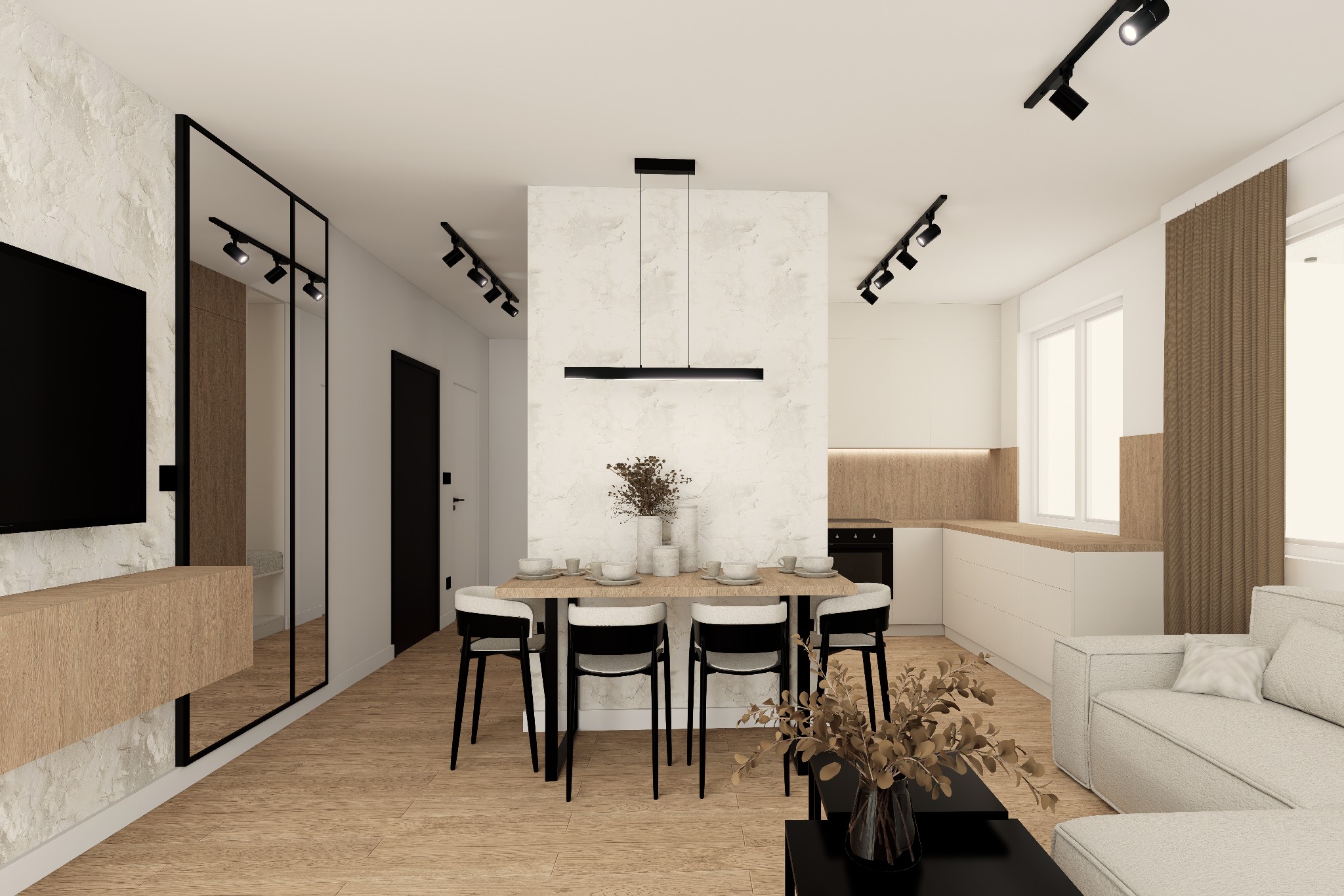 Wizualizacja wnętrza mieszkania: stół z nakryciem, krzesła z czarnymi nogami, sofa w odcieniach bieli, oświetlenie punktowe i podłużna lampa nad stołem, drewniana podłoga, ściana z fakturą...